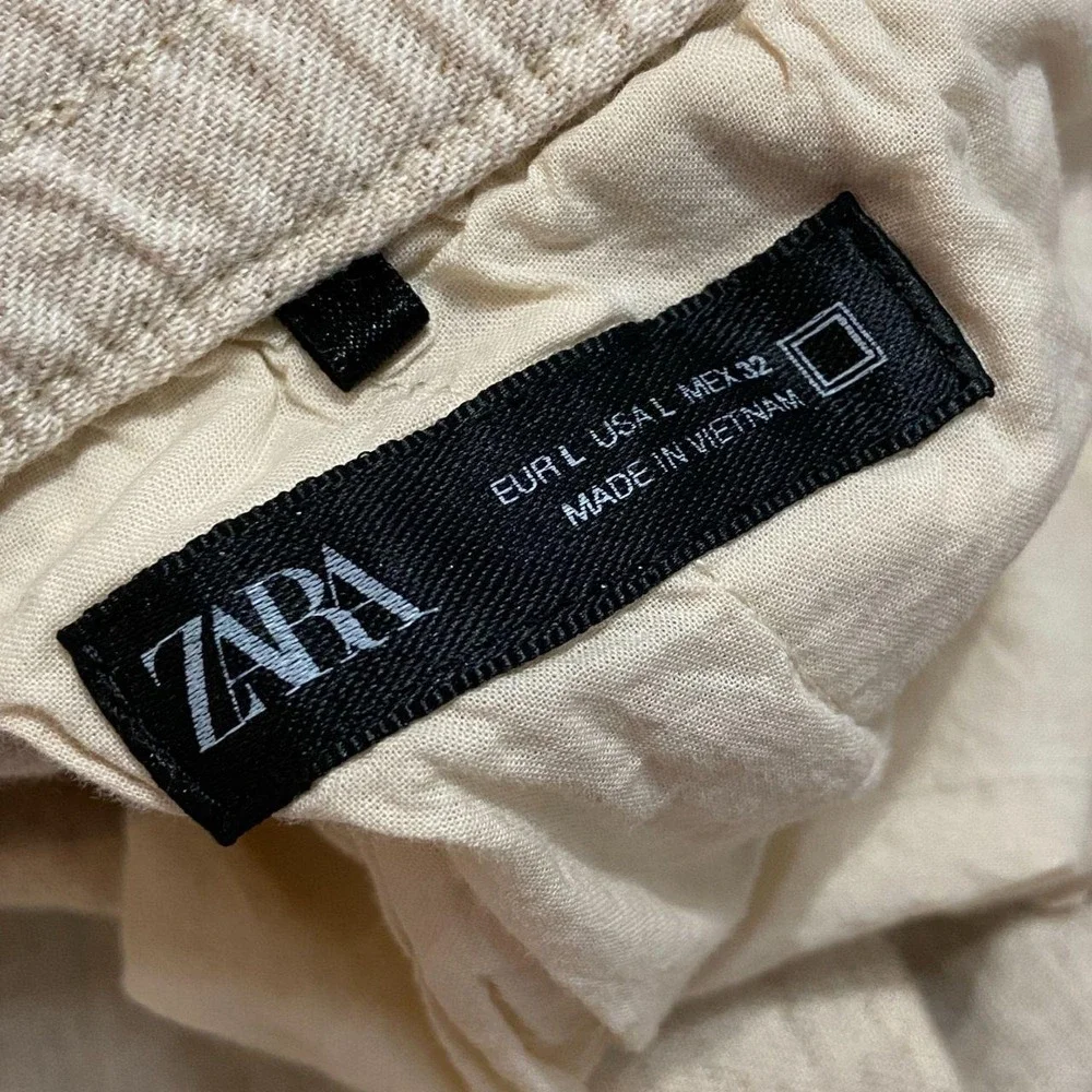 ZARA | Women's Cream & Tan  Cotton Linen Pants Size Large Drawstring